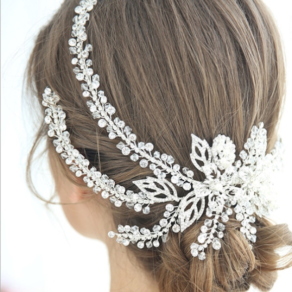 Bride Crystal Large Flower Leaf headpiece wedding main image 6